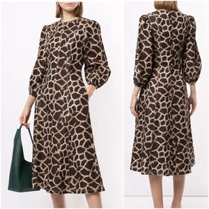 {Rebecca Vallance} Acacia Giraffe Print Long Sleeve Linen Midi Dress, NWT